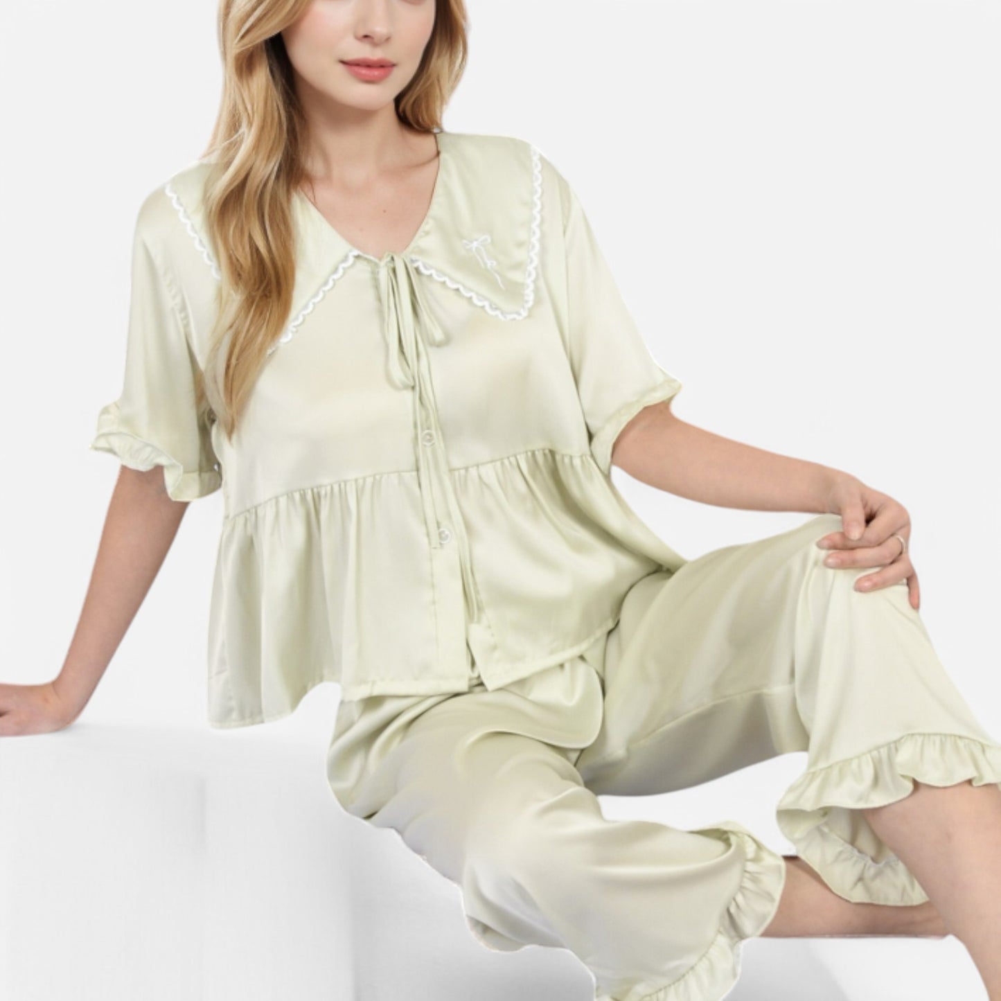 Lounge Women's Embroidered Collar Pajama Set with Ruffle Trim and Button-Up Top