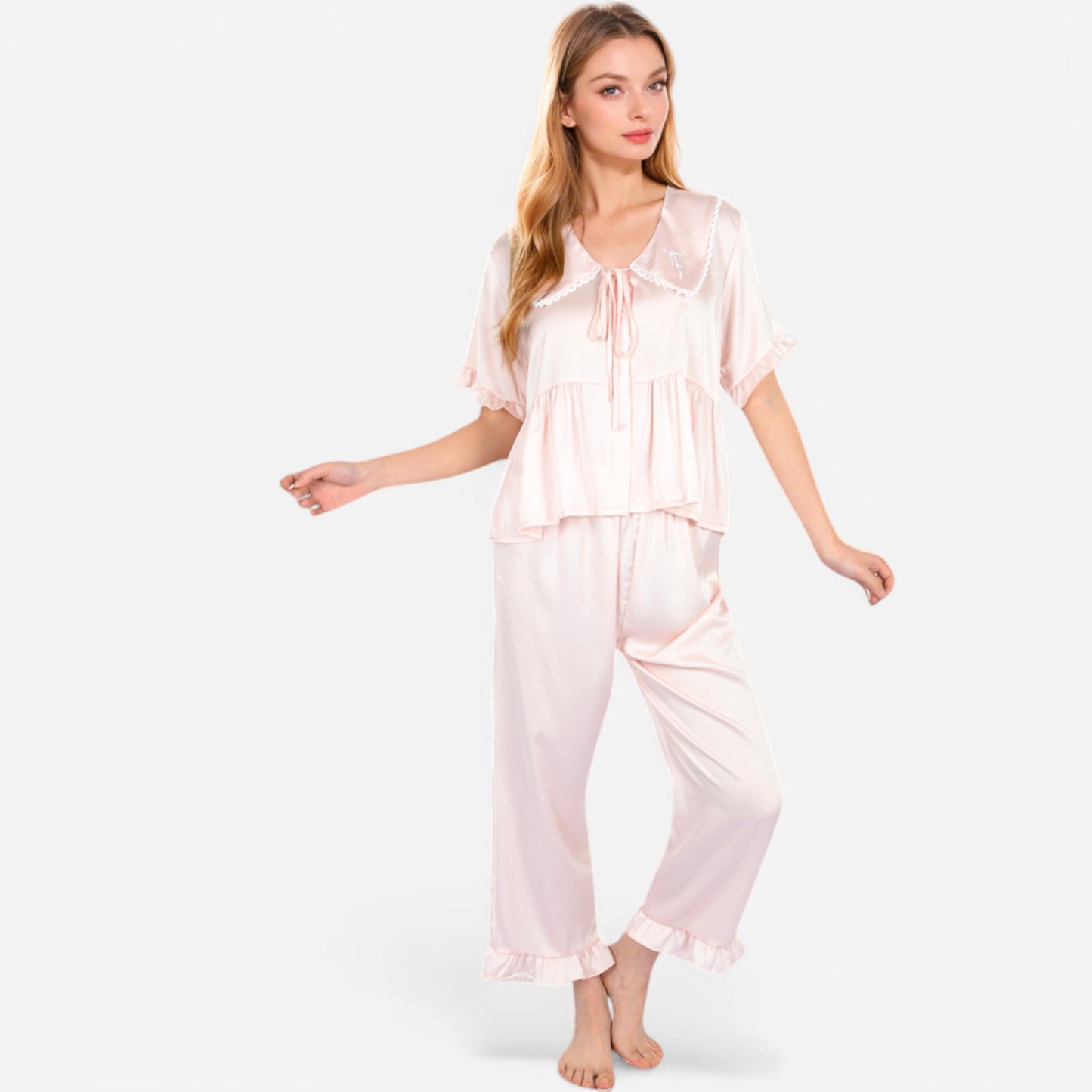 Lounge Women's Embroidered Collar Pajama Set with Ruffle Trim and Button-Up Top