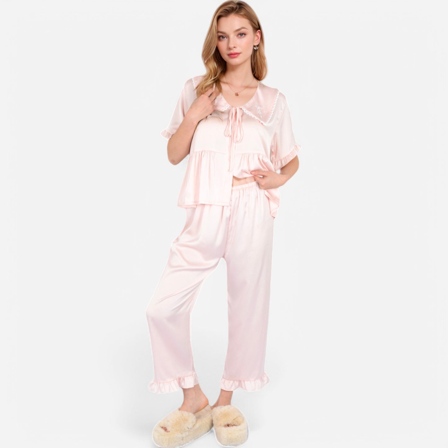 Lounge Women's Embroidered Collar Pajama Set with Ruffle Trim and Button-Up Top