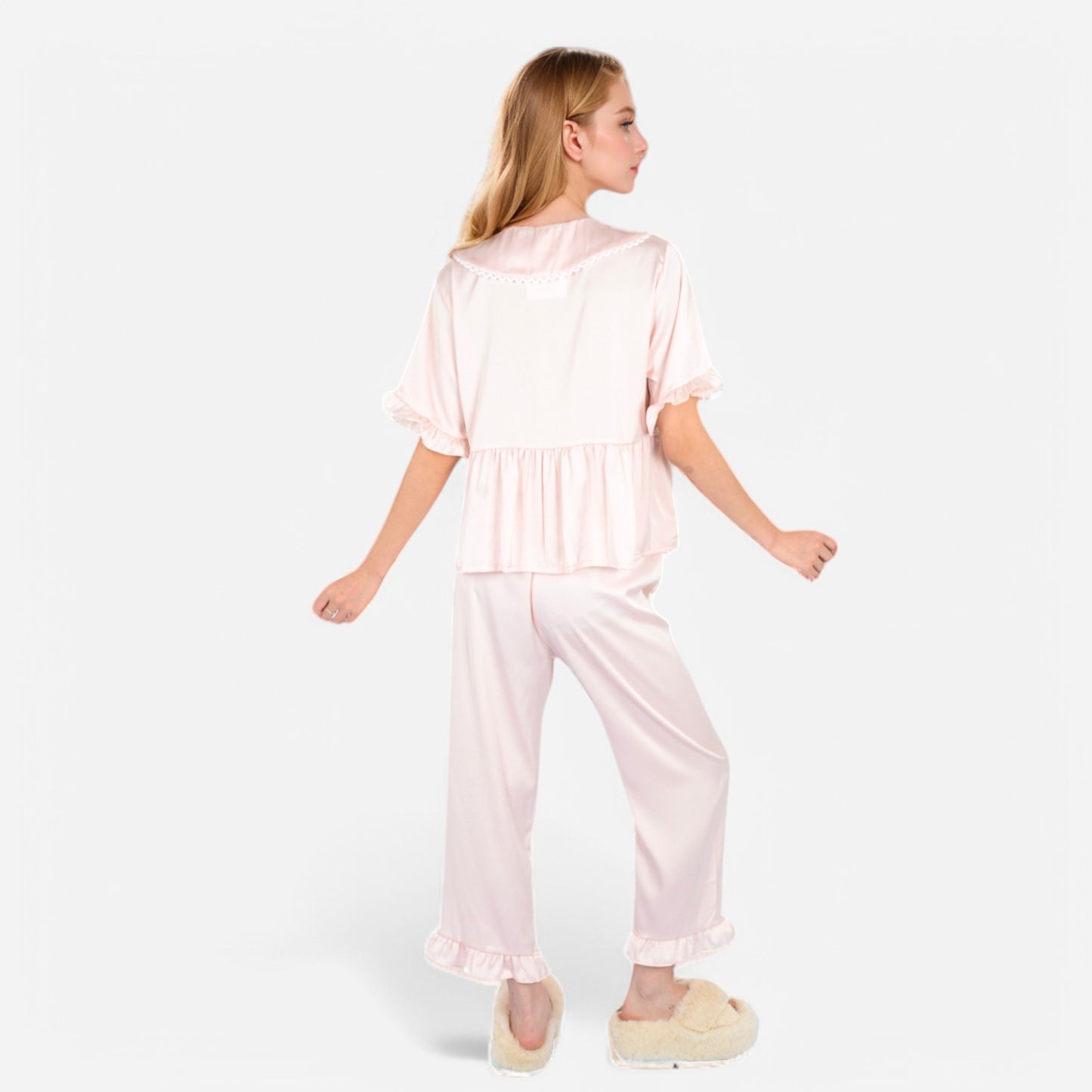 Lounge Women's Embroidered Collar Pajama Set with Ruffle Trim and Button-Up Top