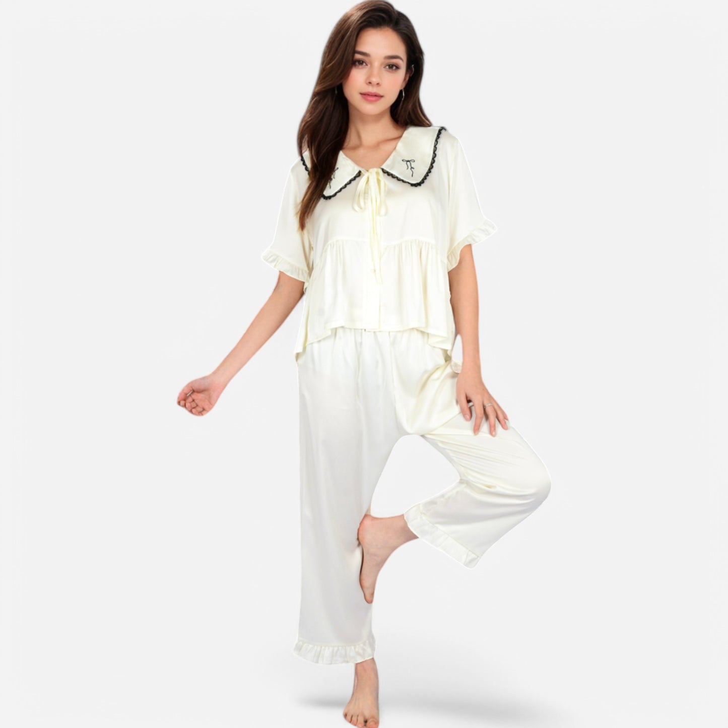Lounge Women's Embroidered Collar Pajama Set with Ruffle Trim and Button-Up Top