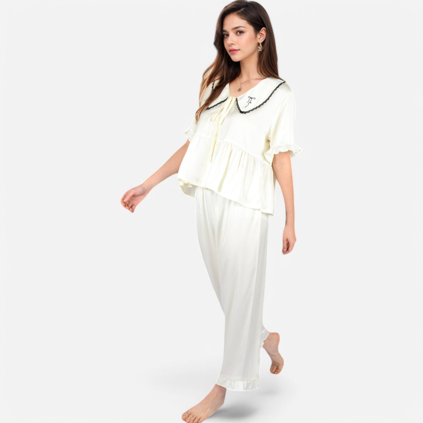 Lounge Women's Embroidered Collar Pajama Set with Ruffle Trim and Button-Up Top