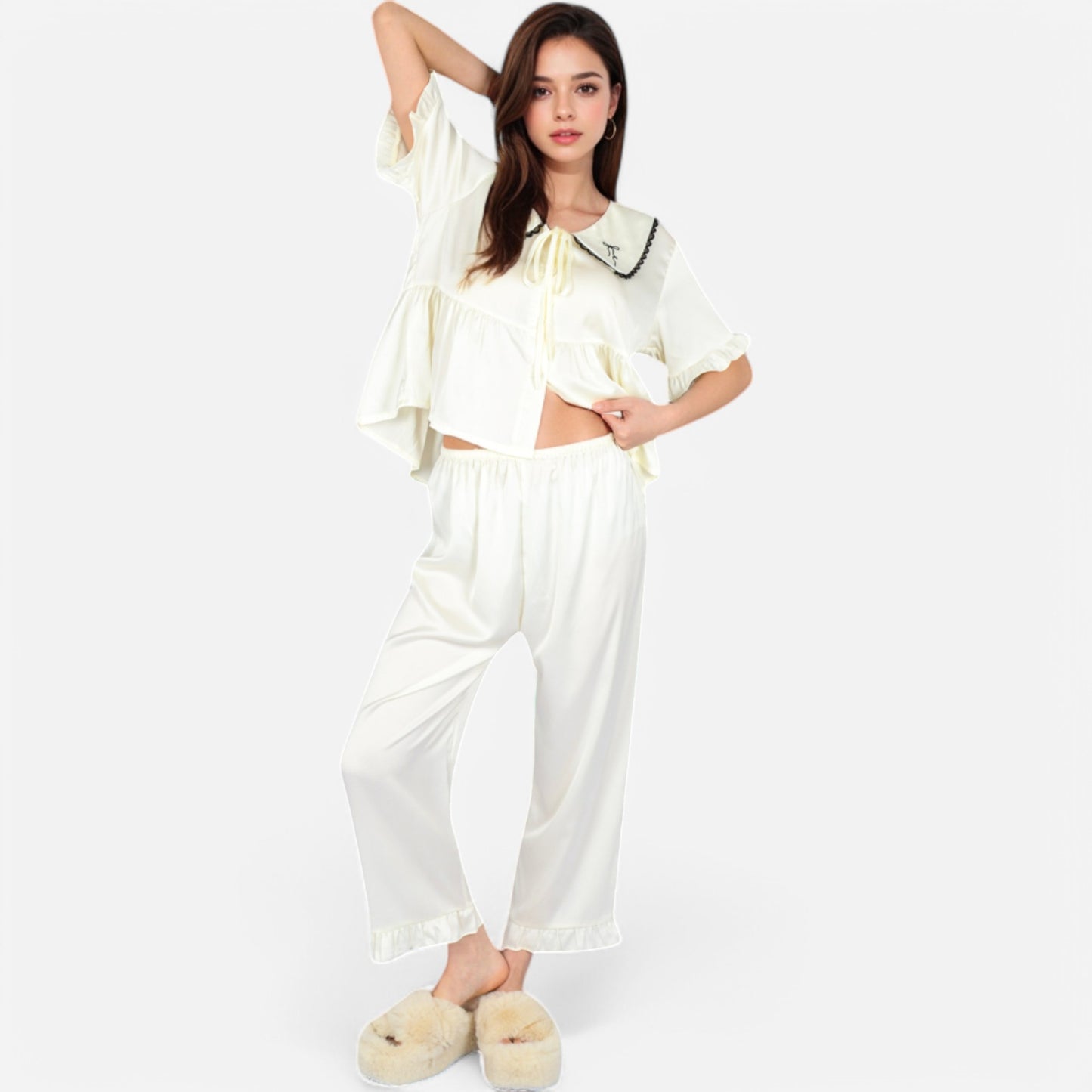 Lounge Women's Embroidered Collar Pajama Set with Ruffle Trim and Button-Up Top
