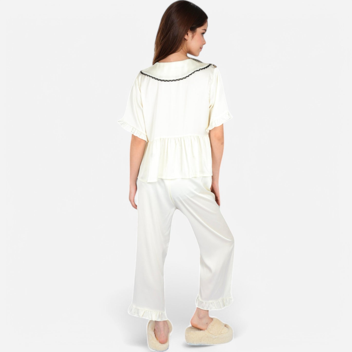Lounge Women's Embroidered Collar Pajama Set with Ruffle Trim and Button-Up Top