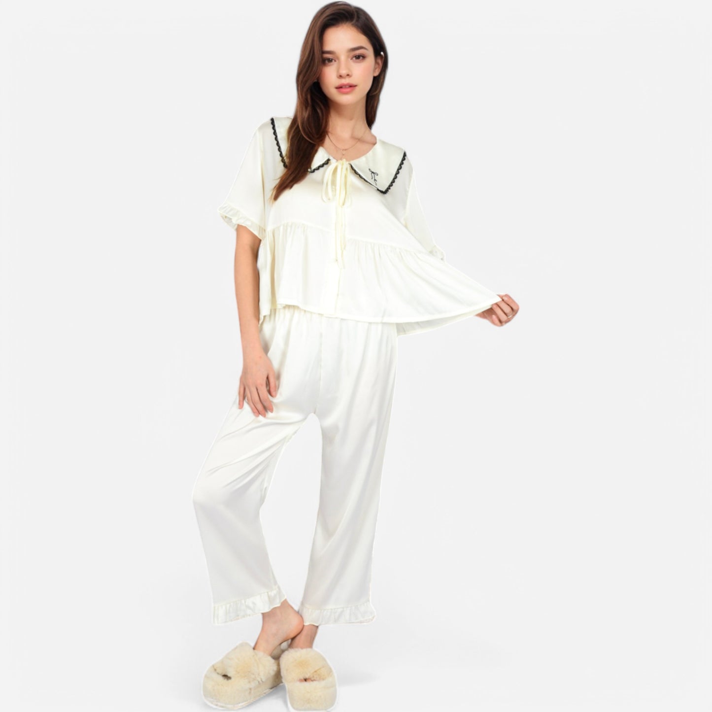 Lounge Women's Embroidered Collar Pajama Set with Ruffle Trim and Button-Up Top