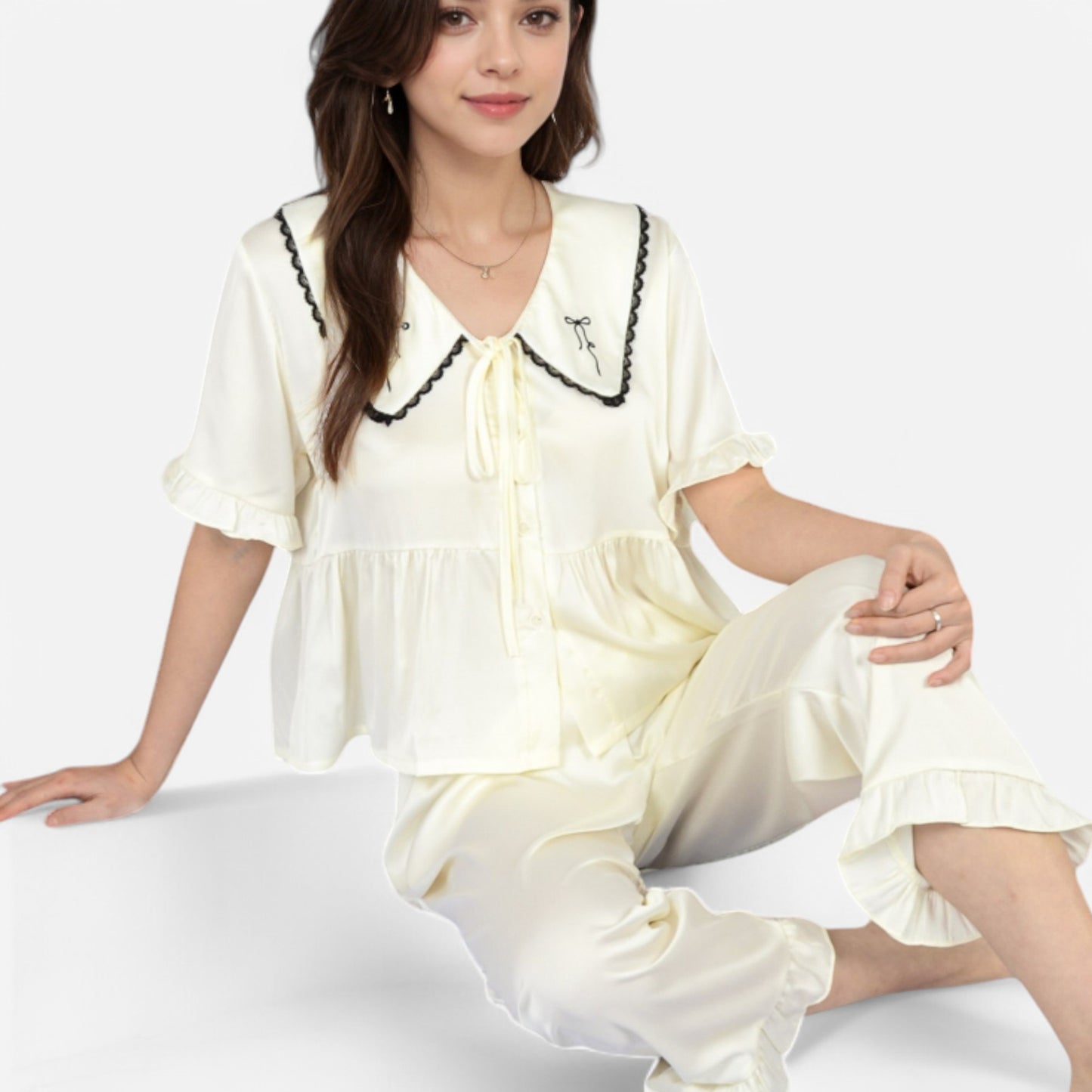 Lounge Women's Embroidered Collar Pajama Set with Ruffle Trim and Button-Up Top