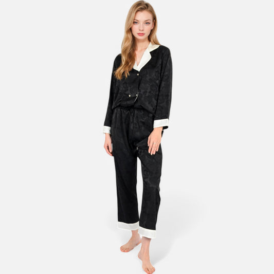 Lounge Women's Satin Pajama Set with Contrast Trim and Button-Up Top