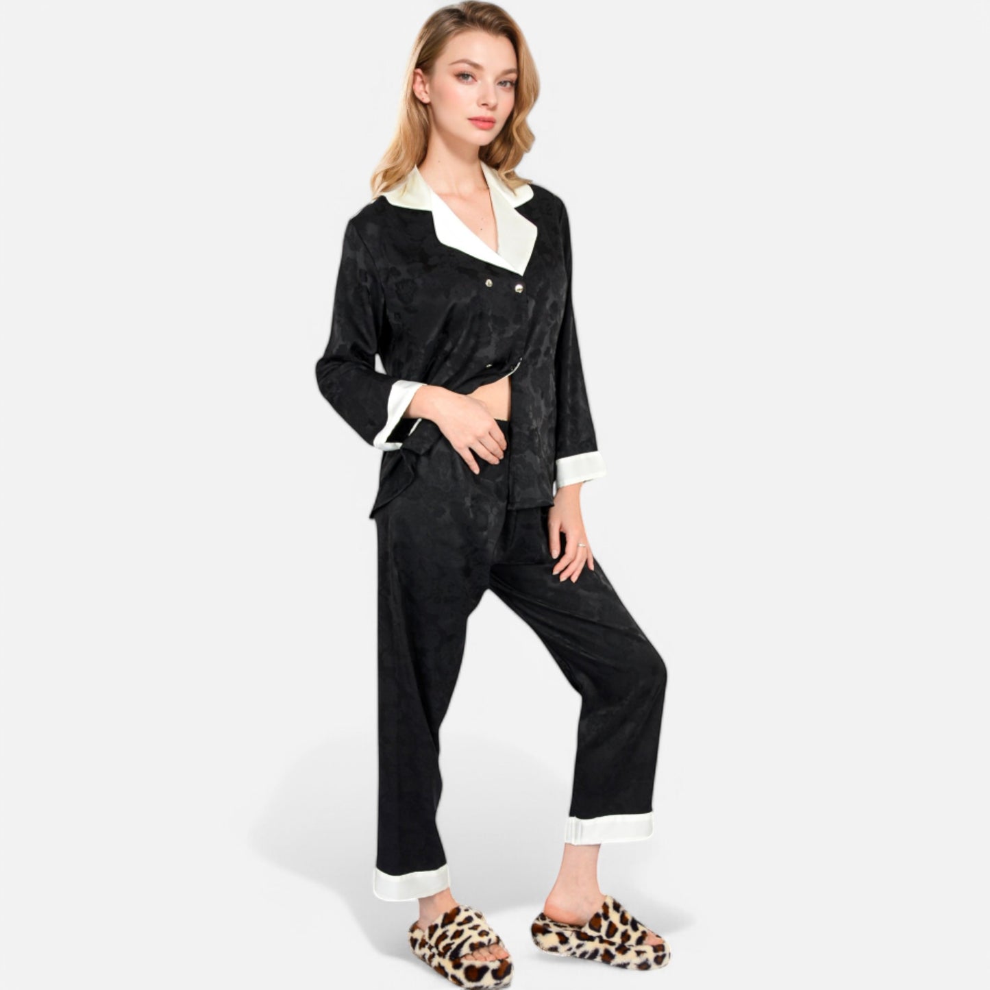 Lounge Women's Satin Pajama Set with Contrast Trim and Button-Up Top