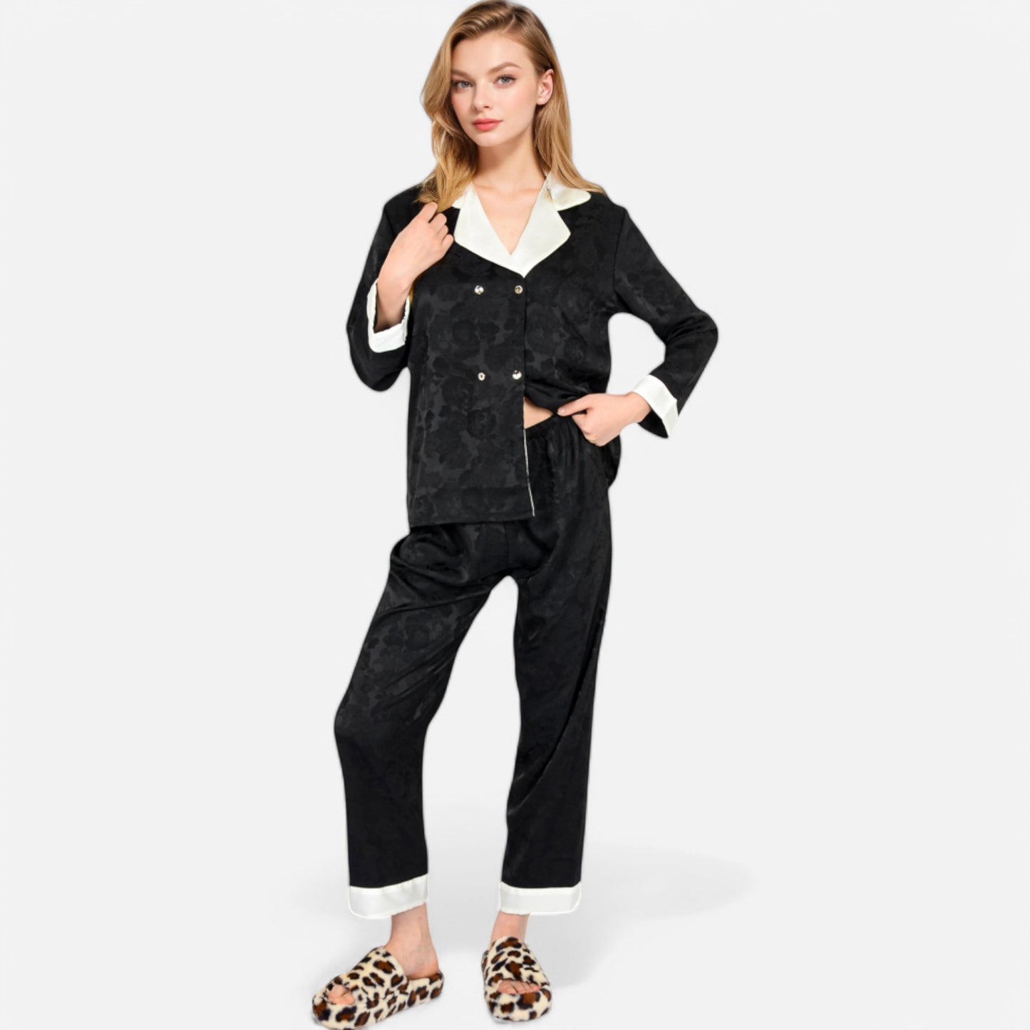 Lounge Women's Satin Pajama Set with Contrast Trim and Button-Up Top