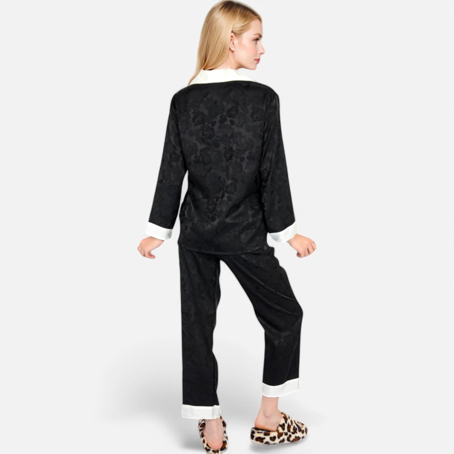 Lounge Women's Satin Pajama Set with Contrast Trim and Button-Up Top