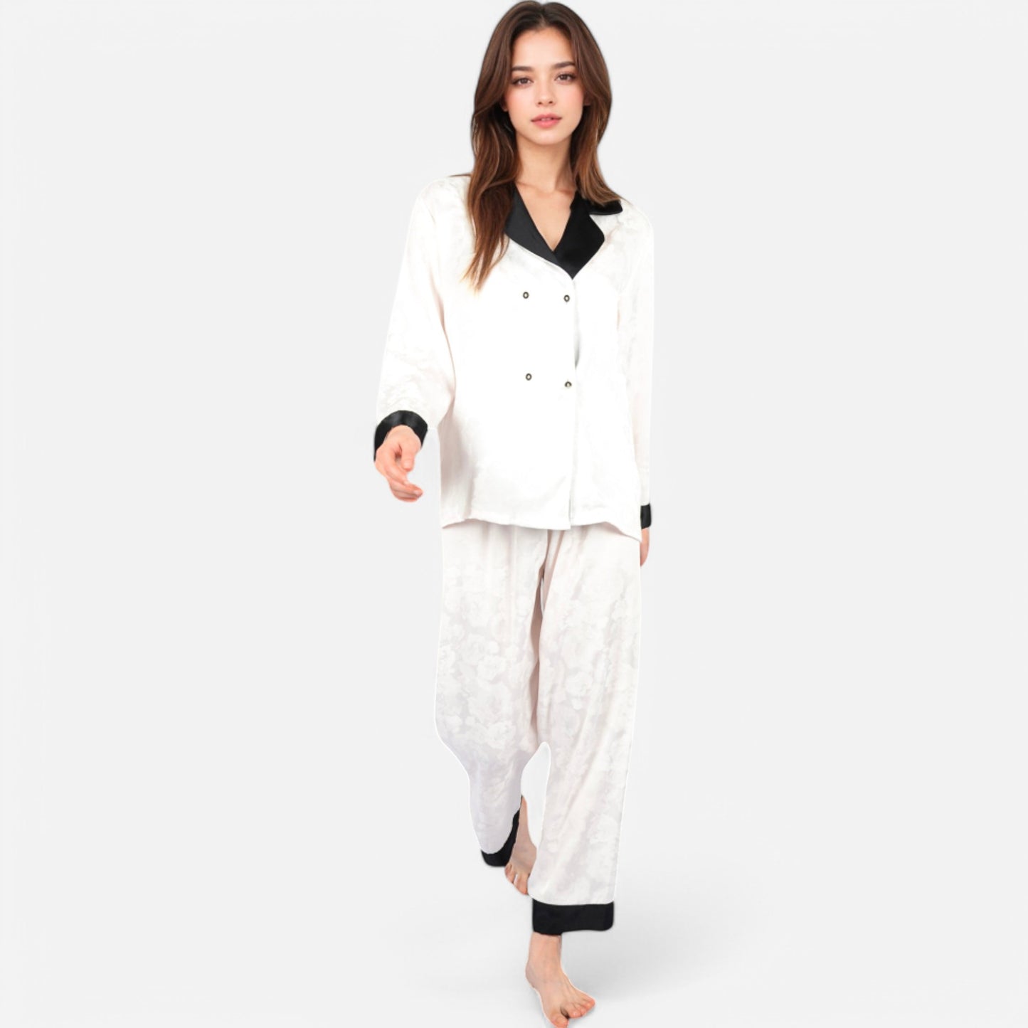 Lounge Women's Satin Pajama Set with Contrast Trim and Button-Up Top