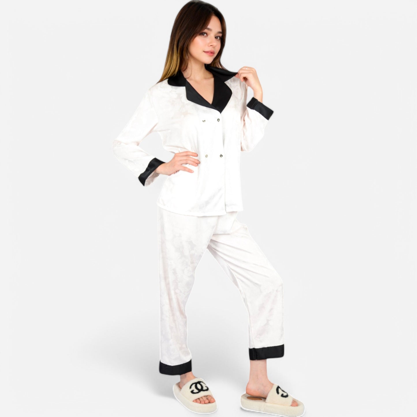 Lounge Women's Satin Pajama Set with Contrast Trim and Button-Up Top