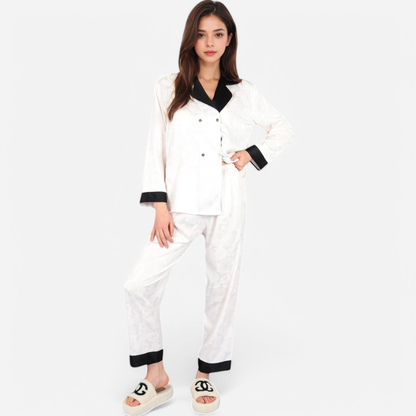 Lounge Women's Satin Pajama Set with Contrast Trim and Button-Up Top
