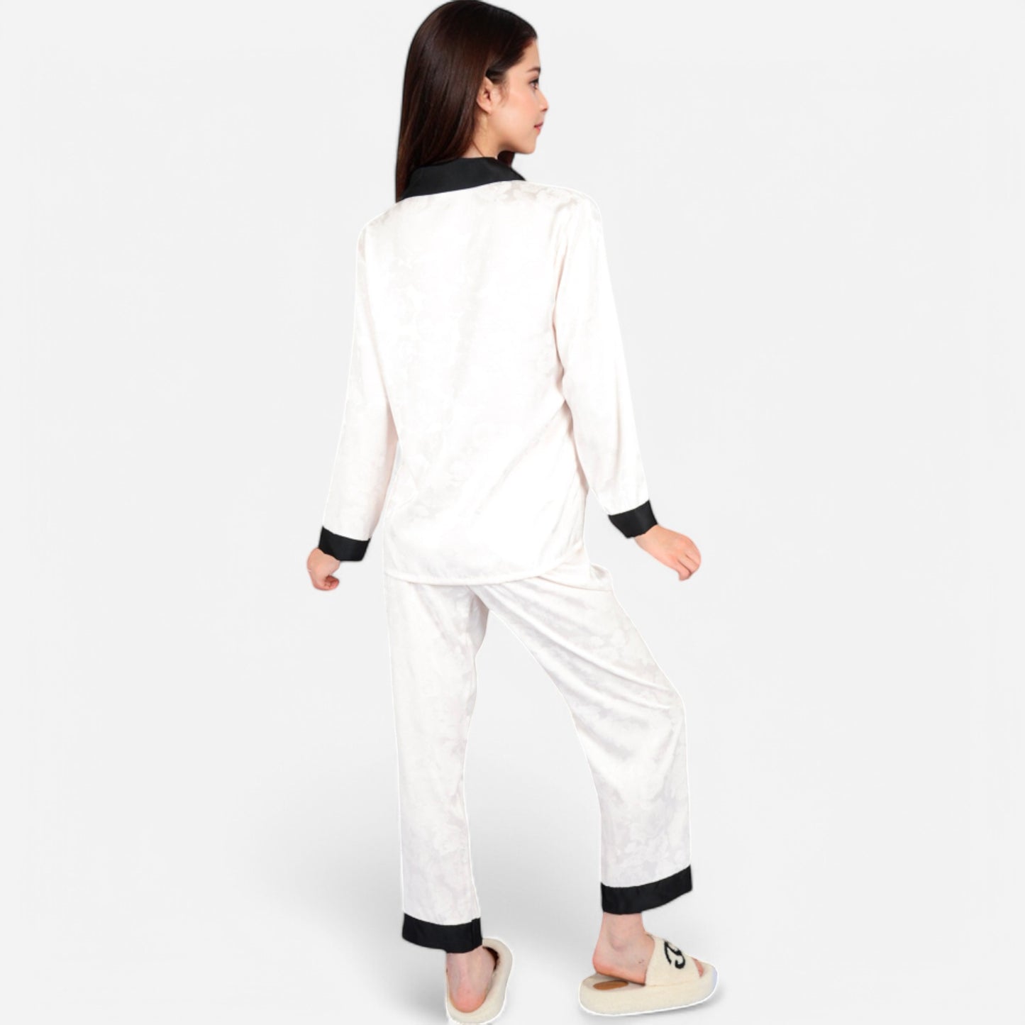 Lounge Women's Satin Pajama Set with Contrast Trim and Button-Up Top