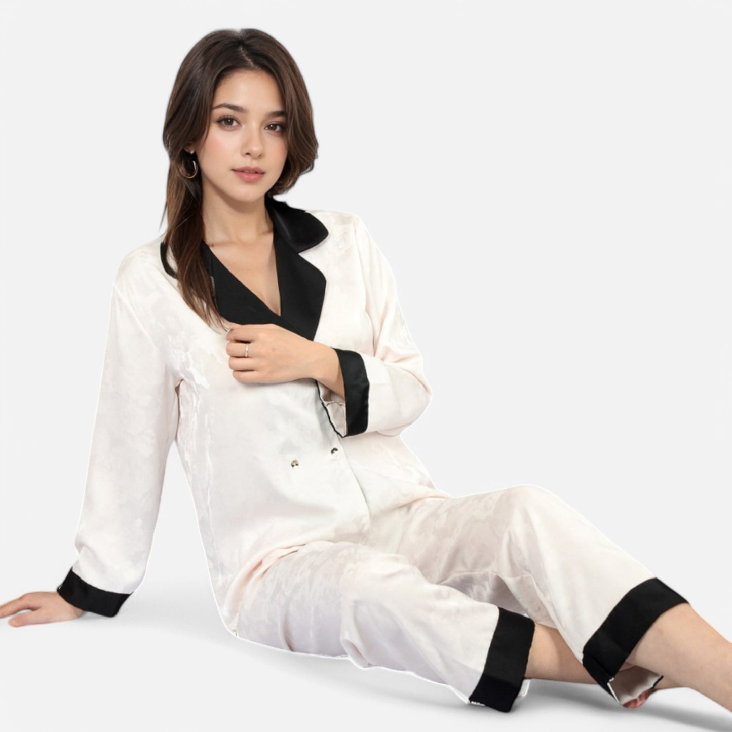 Lounge Women's Satin Pajama Set with Contrast Trim and Button-Up Top