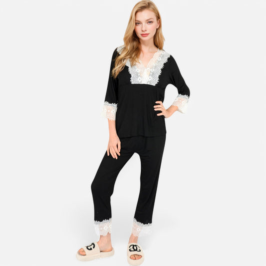 Lounge Women's Lace Trim Pajama Set with 3/4 Sleeve Top and Elastic Waist Pants