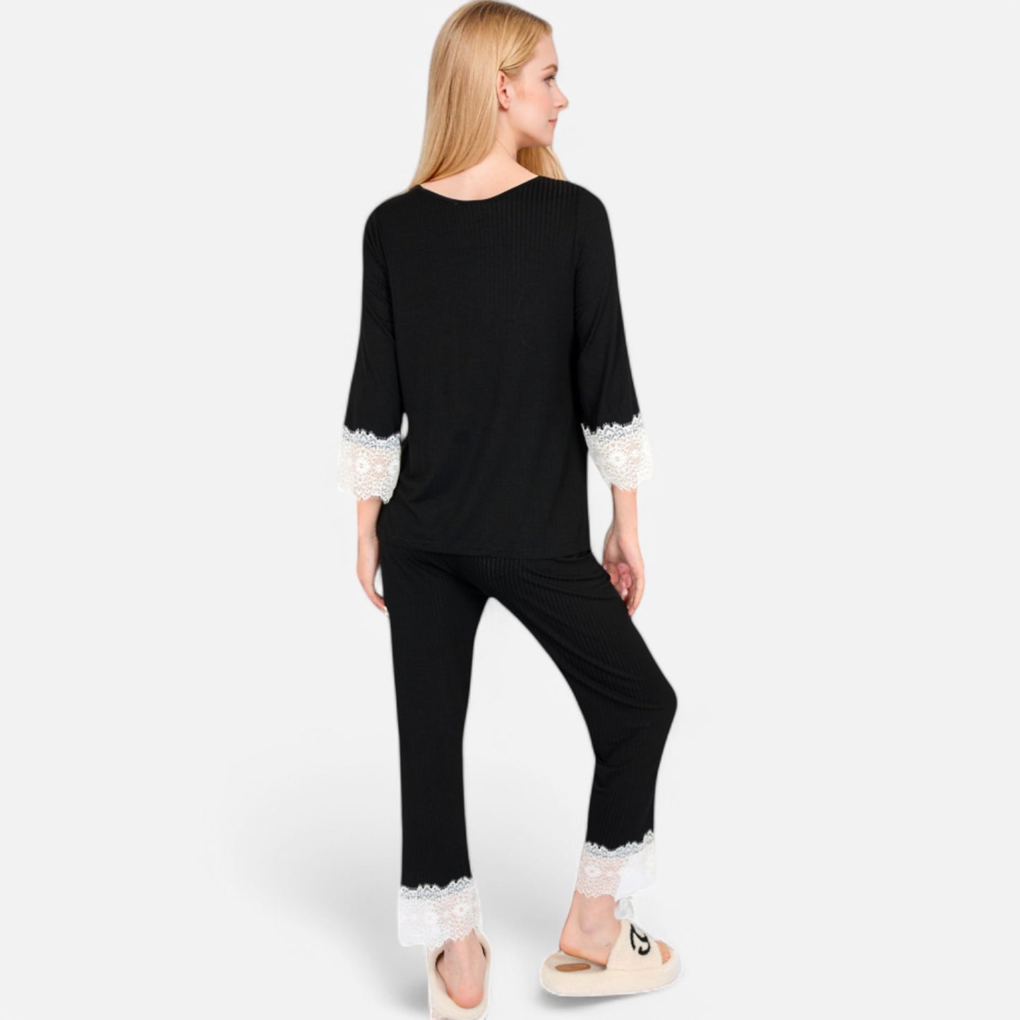 Lounge Women's Lace Trim Pajama Set with 3/4 Sleeve Top and Elastic Waist Pants