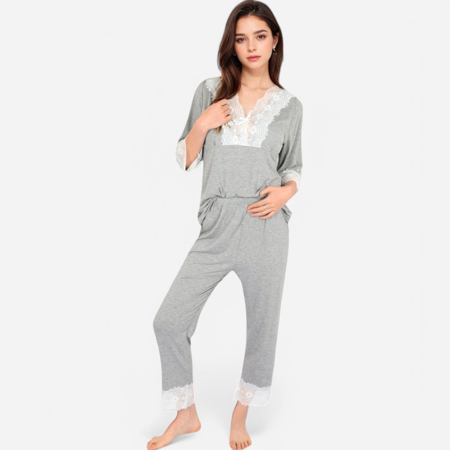 Lounge Women's Lace Trim Pajama Set with 3/4 Sleeve Top and Elastic Waist Pants