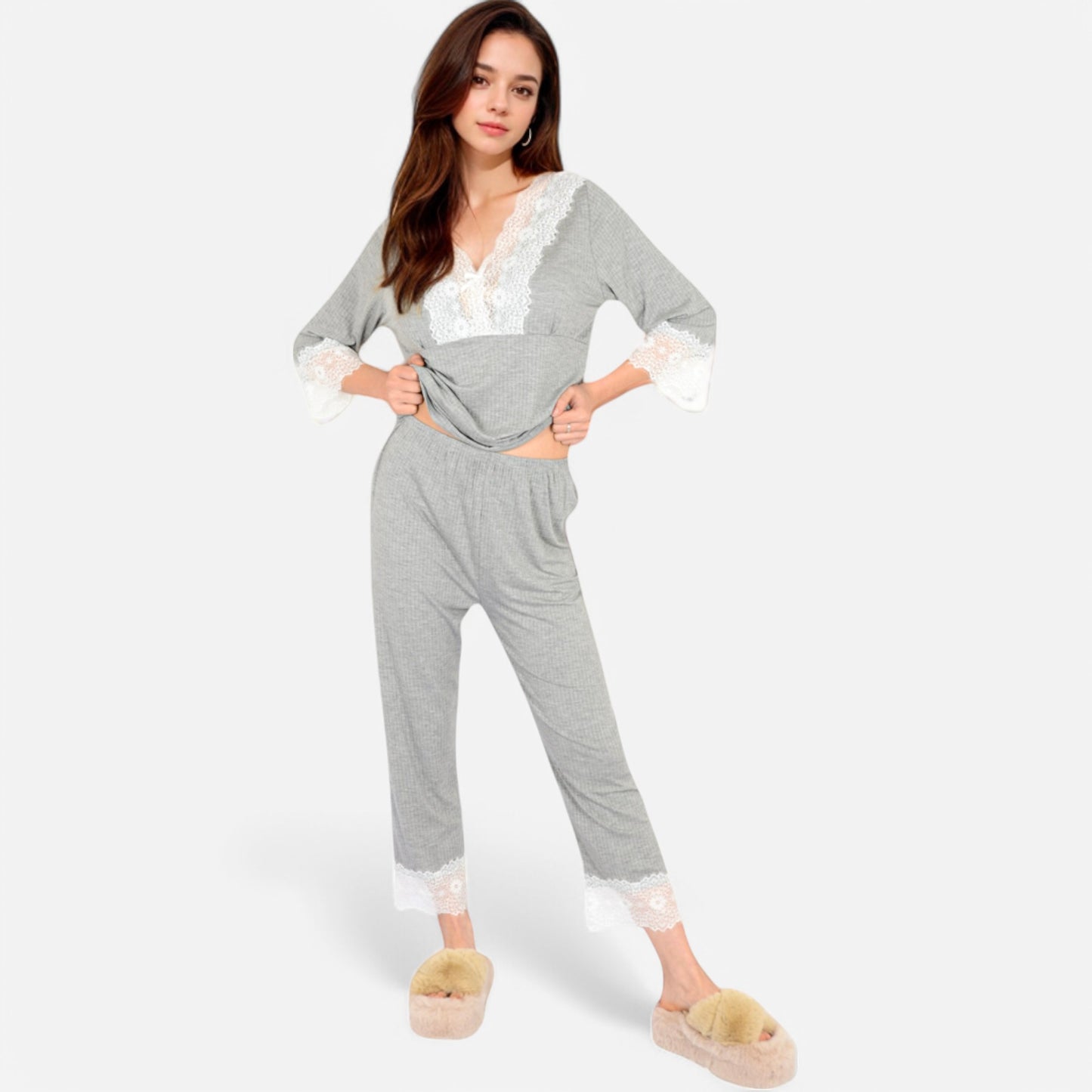Lounge Women's Lace Trim Pajama Set with 3/4 Sleeve Top and Elastic Waist Pants
