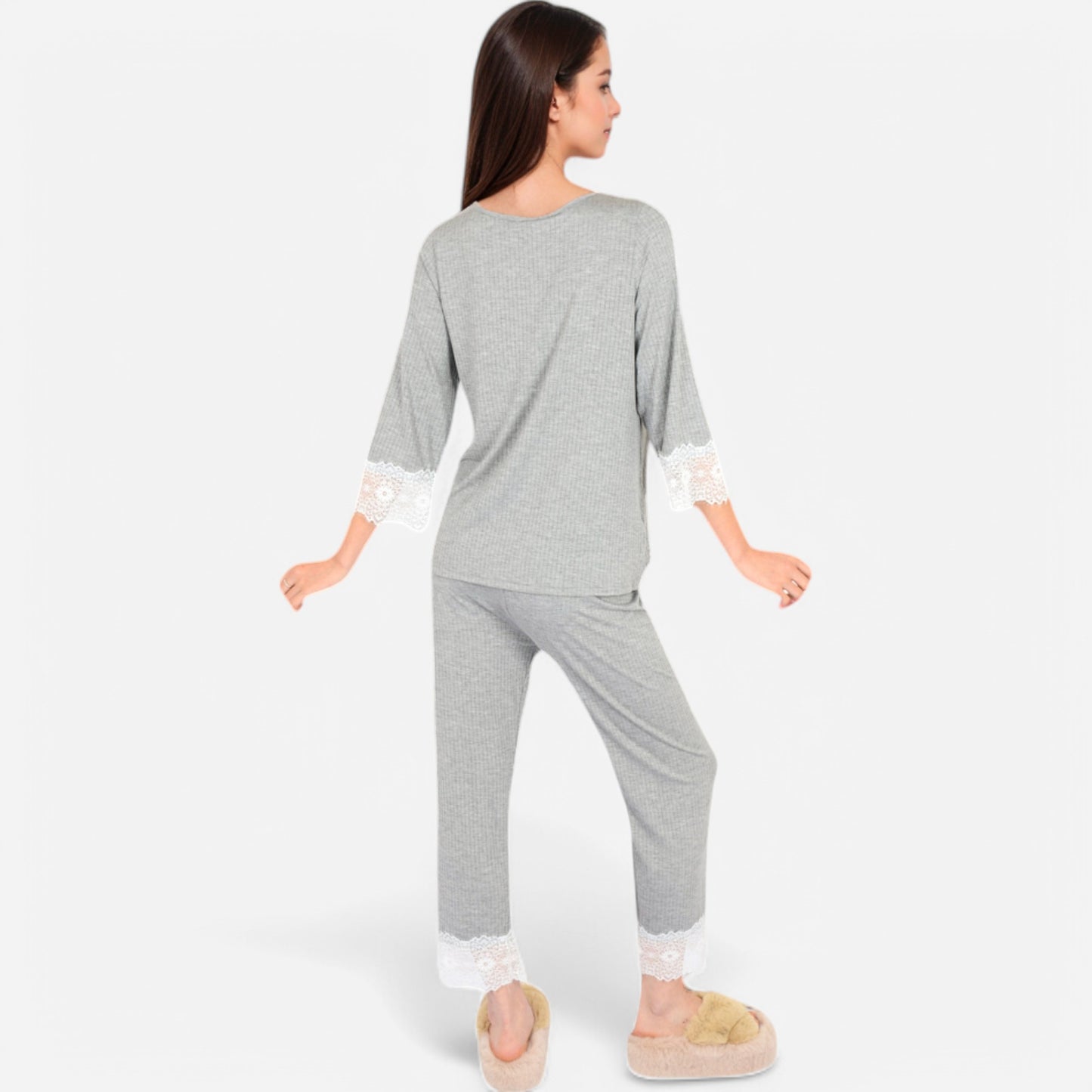 Lounge Women's Lace Trim Pajama Set with 3/4 Sleeve Top and Elastic Waist Pants