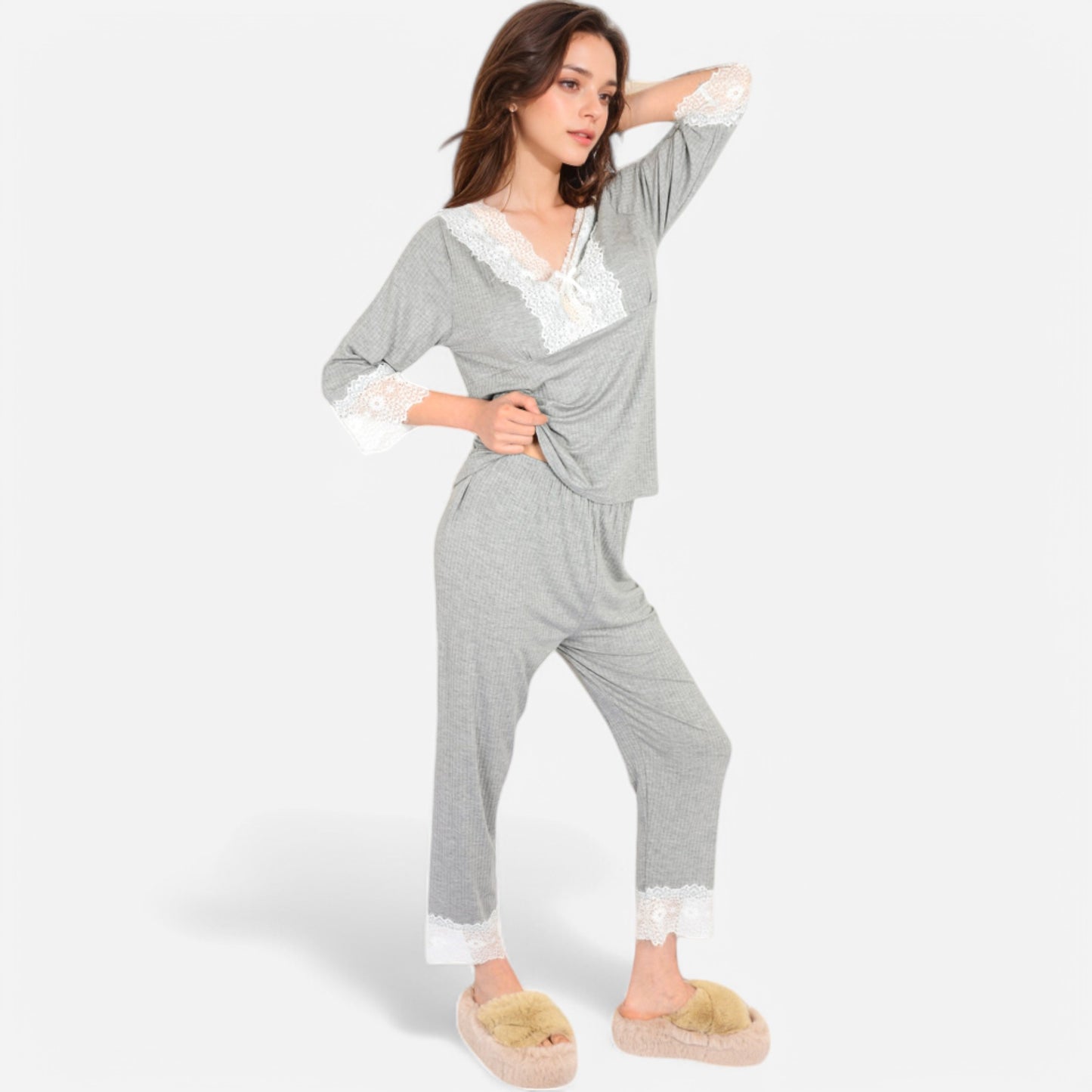 Lounge Women's Lace Trim Pajama Set with 3/4 Sleeve Top and Elastic Waist Pants