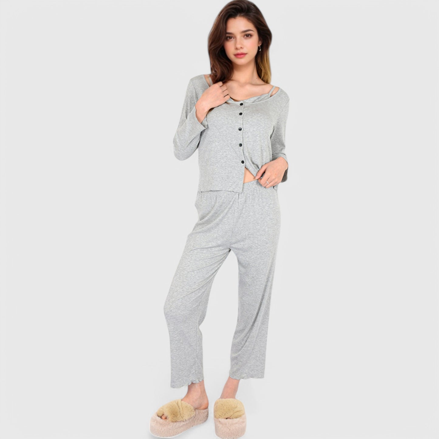 Lounge Women's 3-Piece Lounge Pajama Set with Camisole, Button-Up Top, and Wide-Leg Pants