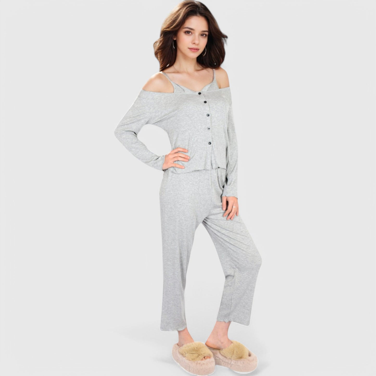Lounge Women's 3-Piece Lounge Pajama Set with Camisole, Button-Up Top, and Wide-Leg Pants