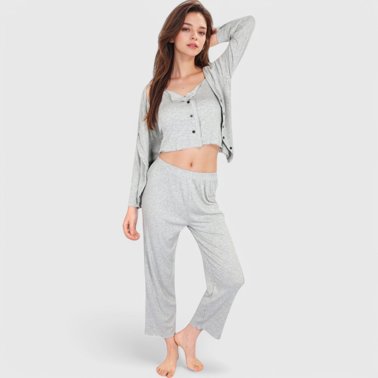Lounge Women's 3-Piece Lounge Pajama Set with Camisole, Button-Up Top, and Wide-Leg Pants