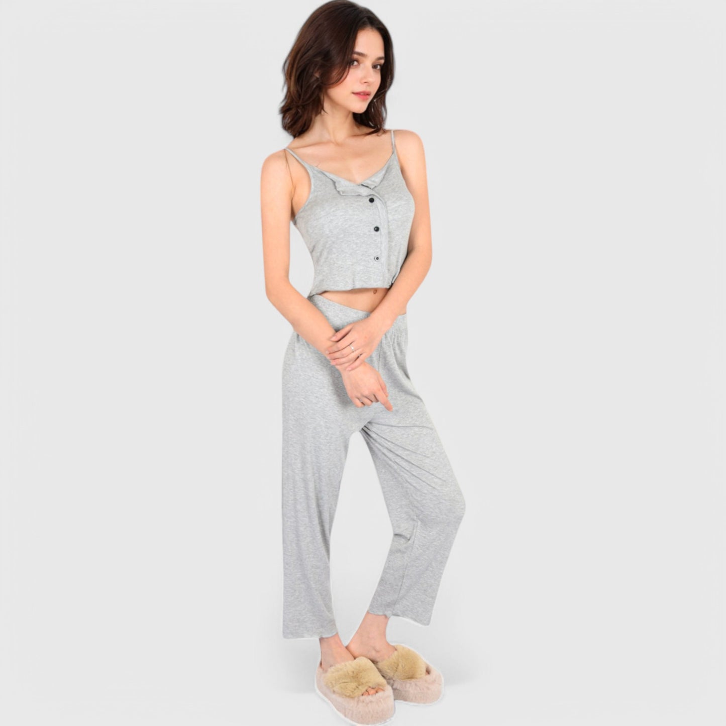 Lounge Women's 3-Piece Lounge Pajama Set with Camisole, Button-Up Top, and Wide-Leg Pants