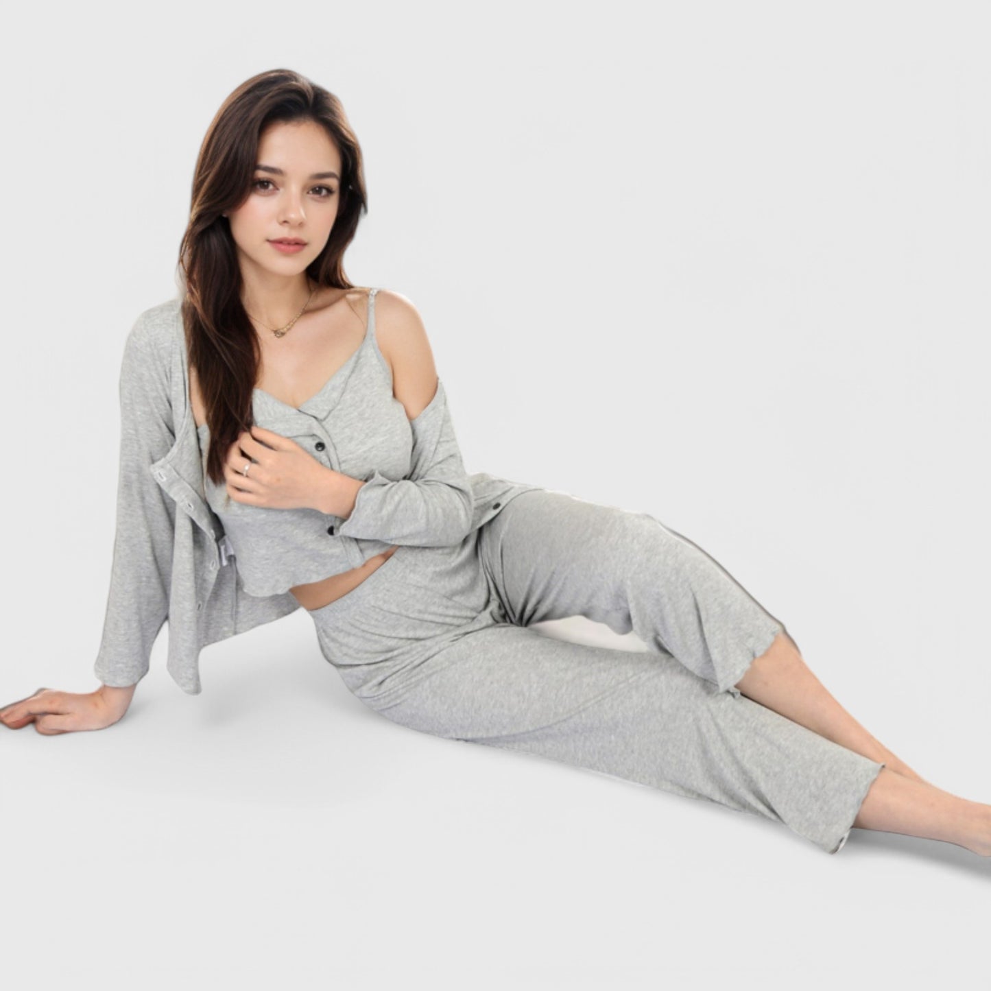 Lounge Women's 3-Piece Lounge Pajama Set with Camisole, Button-Up Top, and Wide-Leg Pants