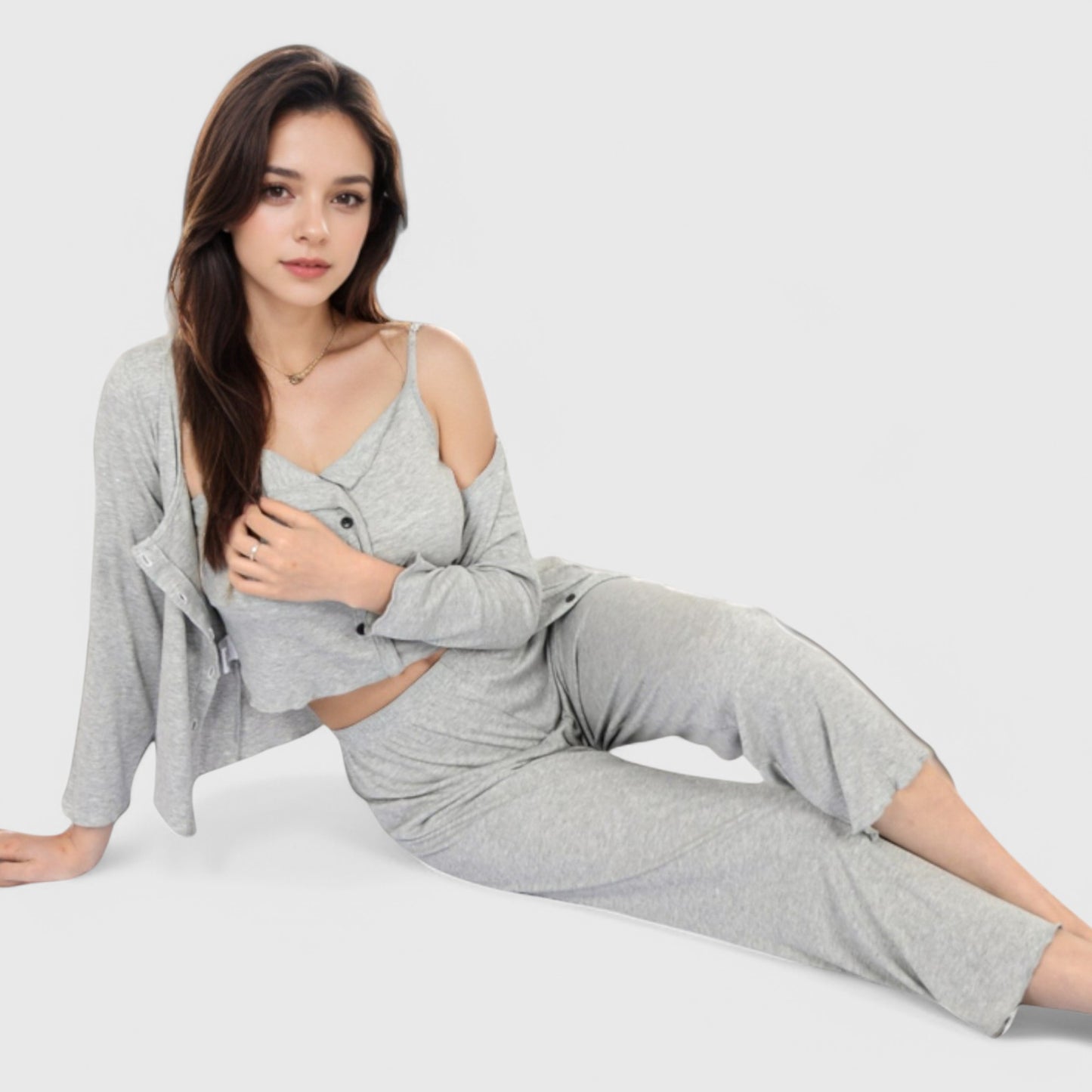 Lounge Women's 3-Piece Lounge Pajama Set with Camisole, Button-Up Top, and Wide-Leg Pants
