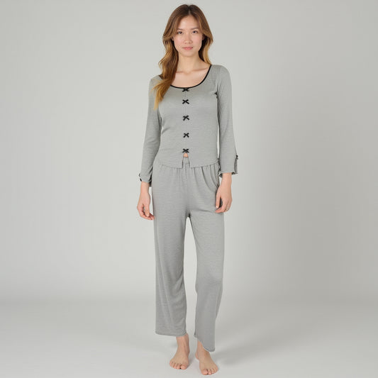Lounge Women's Long Sleeve Pajama Set with Decorative Bows and Soft Wide Leg Pants