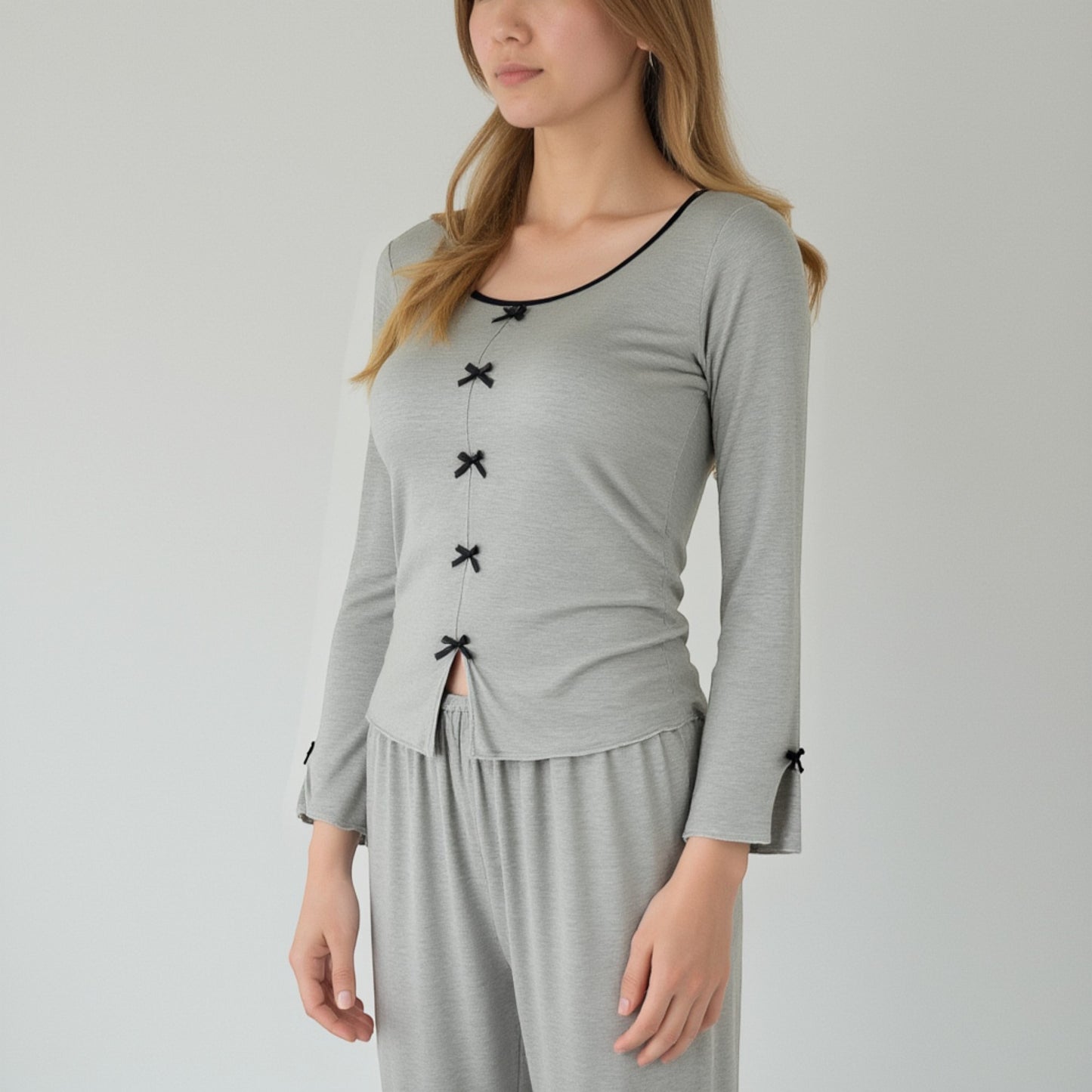 Lounge Women's Long Sleeve Pajama Set with Decorative Bows and Soft Wide Leg Pants