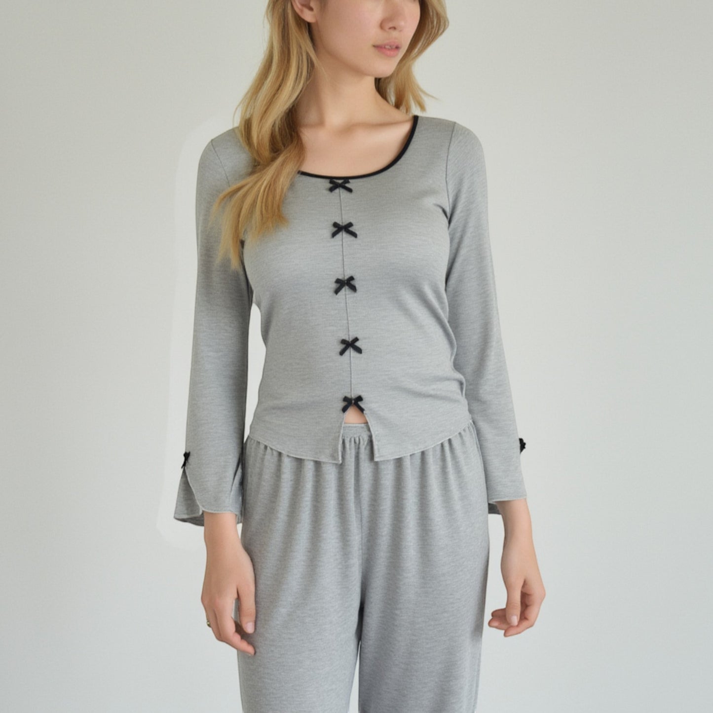 Lounge Women's Long Sleeve Pajama Set with Decorative Bows and Soft Wide Leg Pants