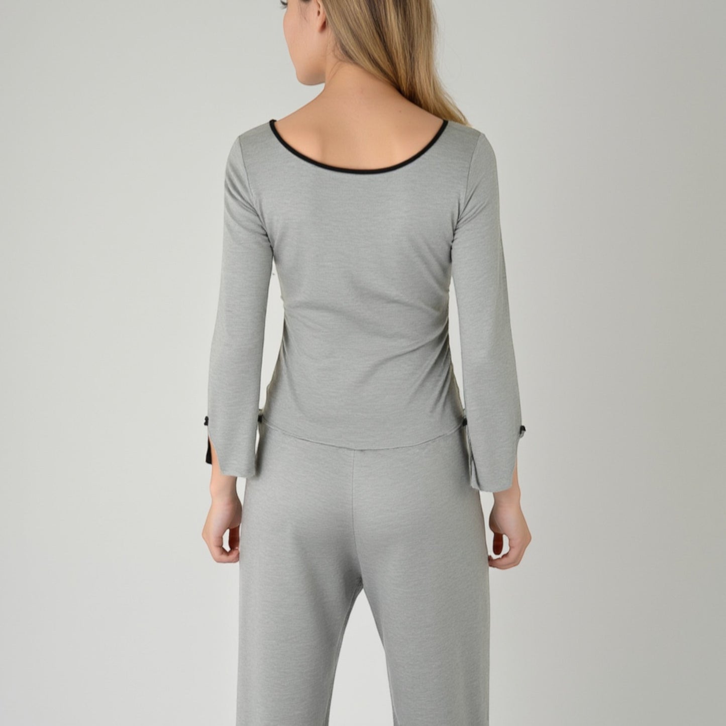 Lounge Women's Long Sleeve Pajama Set with Decorative Bows and Soft Wide Leg Pants