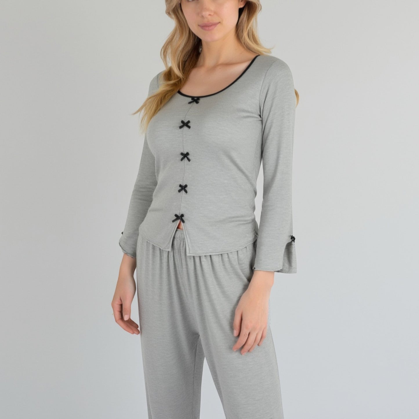 Lounge Women's Long Sleeve Pajama Set with Decorative Bows and Soft Wide Leg Pants