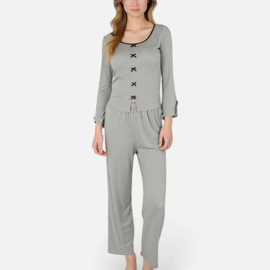 Lounge Women's Long Sleeve Pajama Set with Decorative Bows and Soft Wide Leg Pants