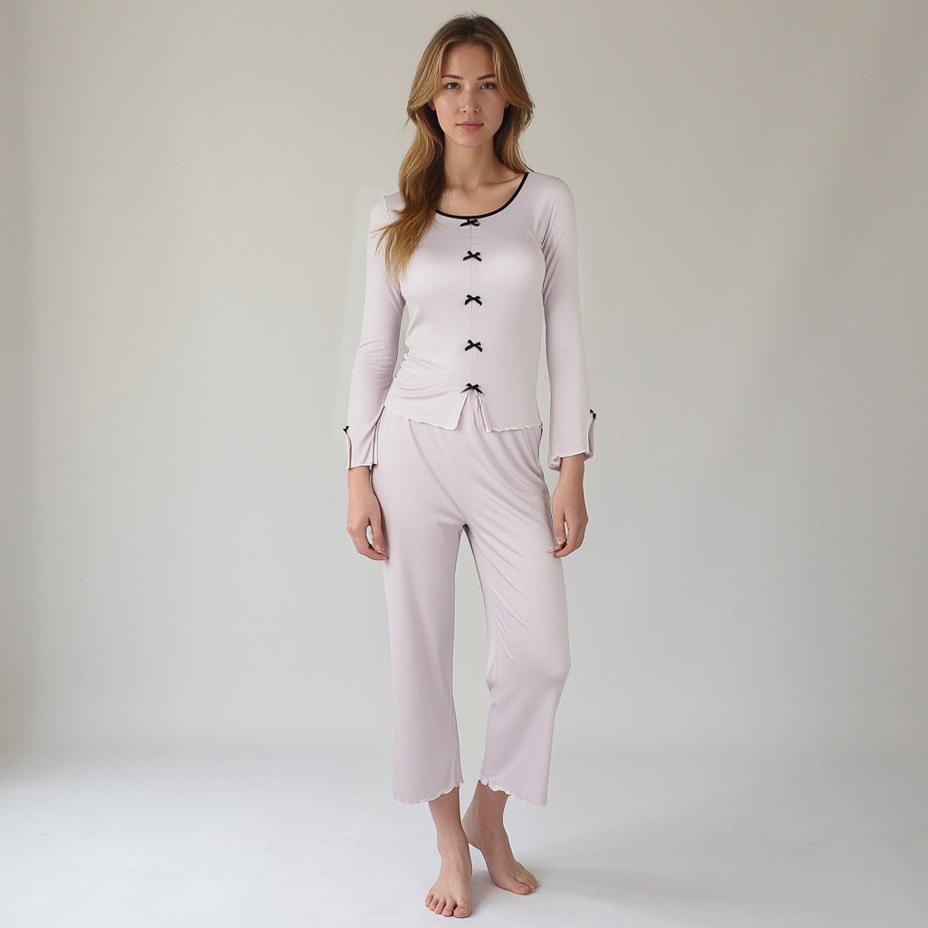 Lounge Women's Long Sleeve Pajama Set with Decorative Bows and Soft Wide Leg Pants