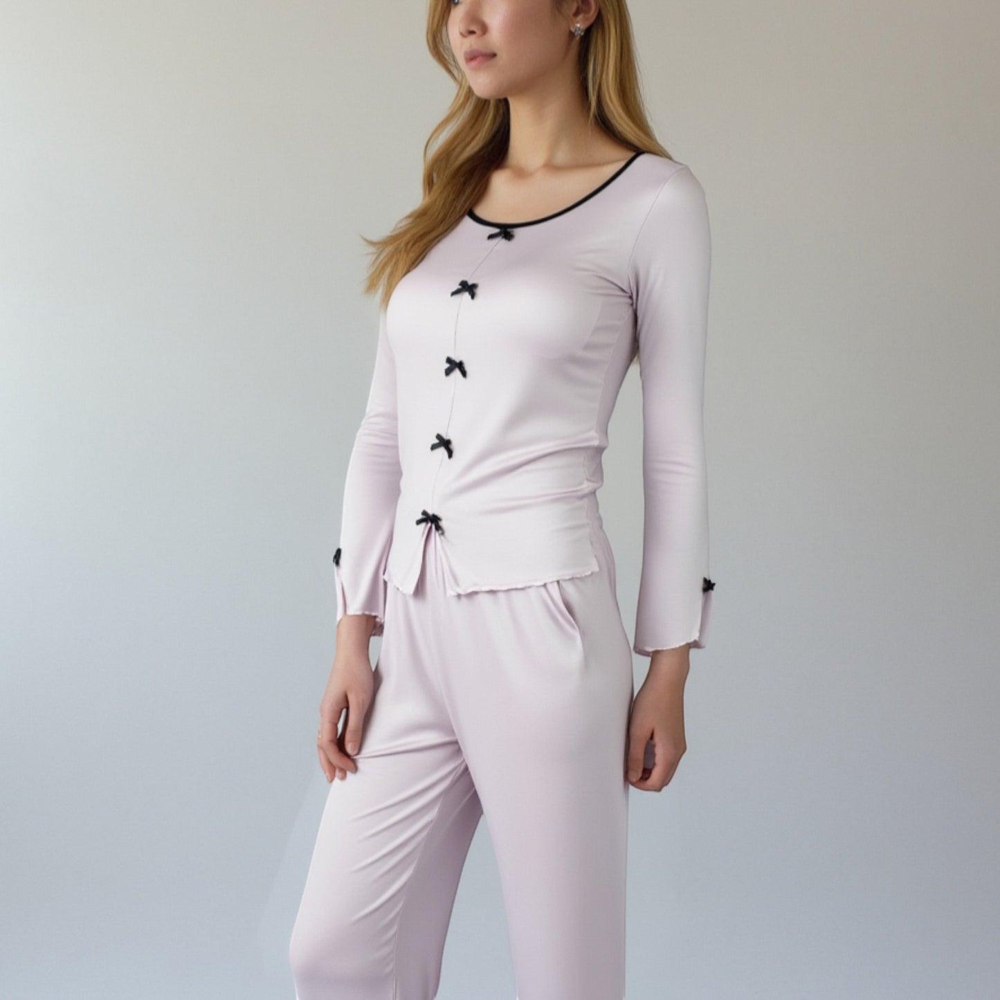 Lounge Women's Long Sleeve Pajama Set with Decorative Bows and Soft Wide Leg Pants