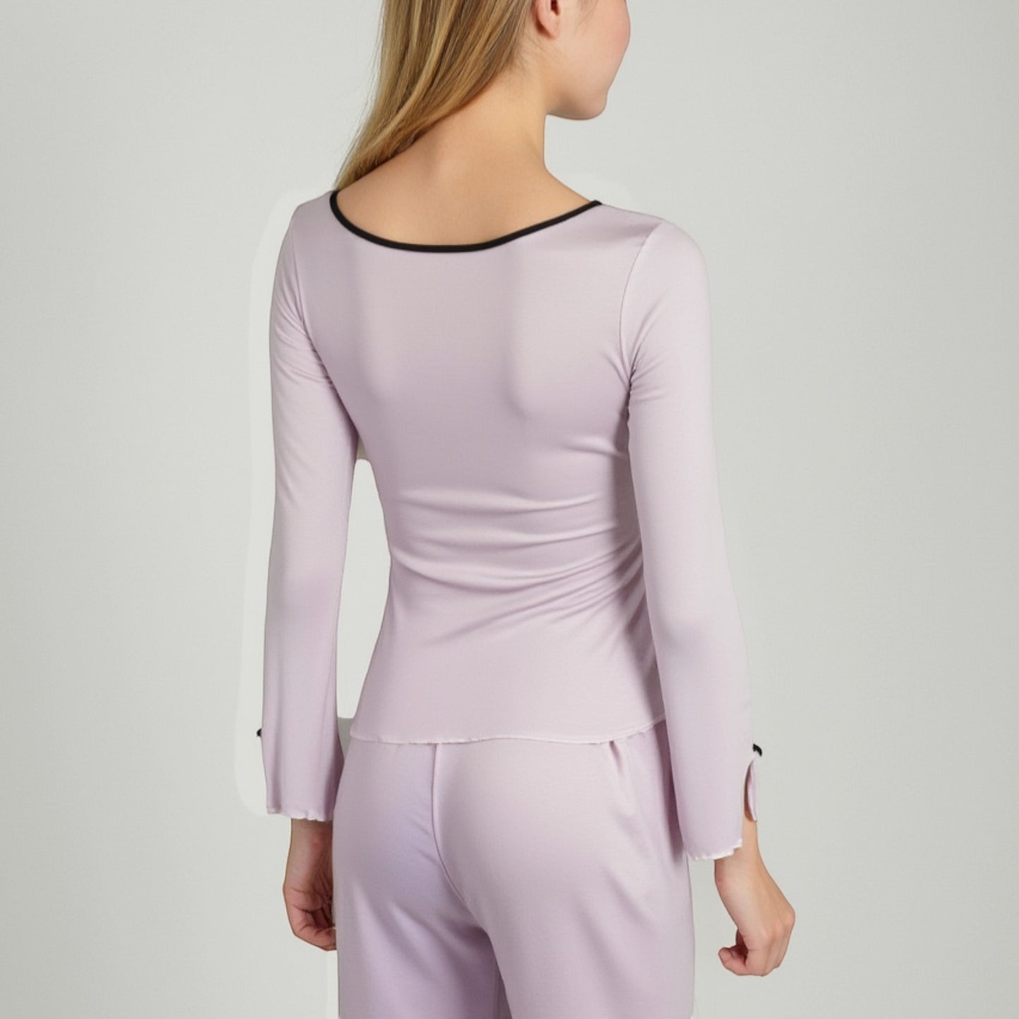 Lounge Women's Long Sleeve Pajama Set with Decorative Bows and Soft Wide Leg Pants