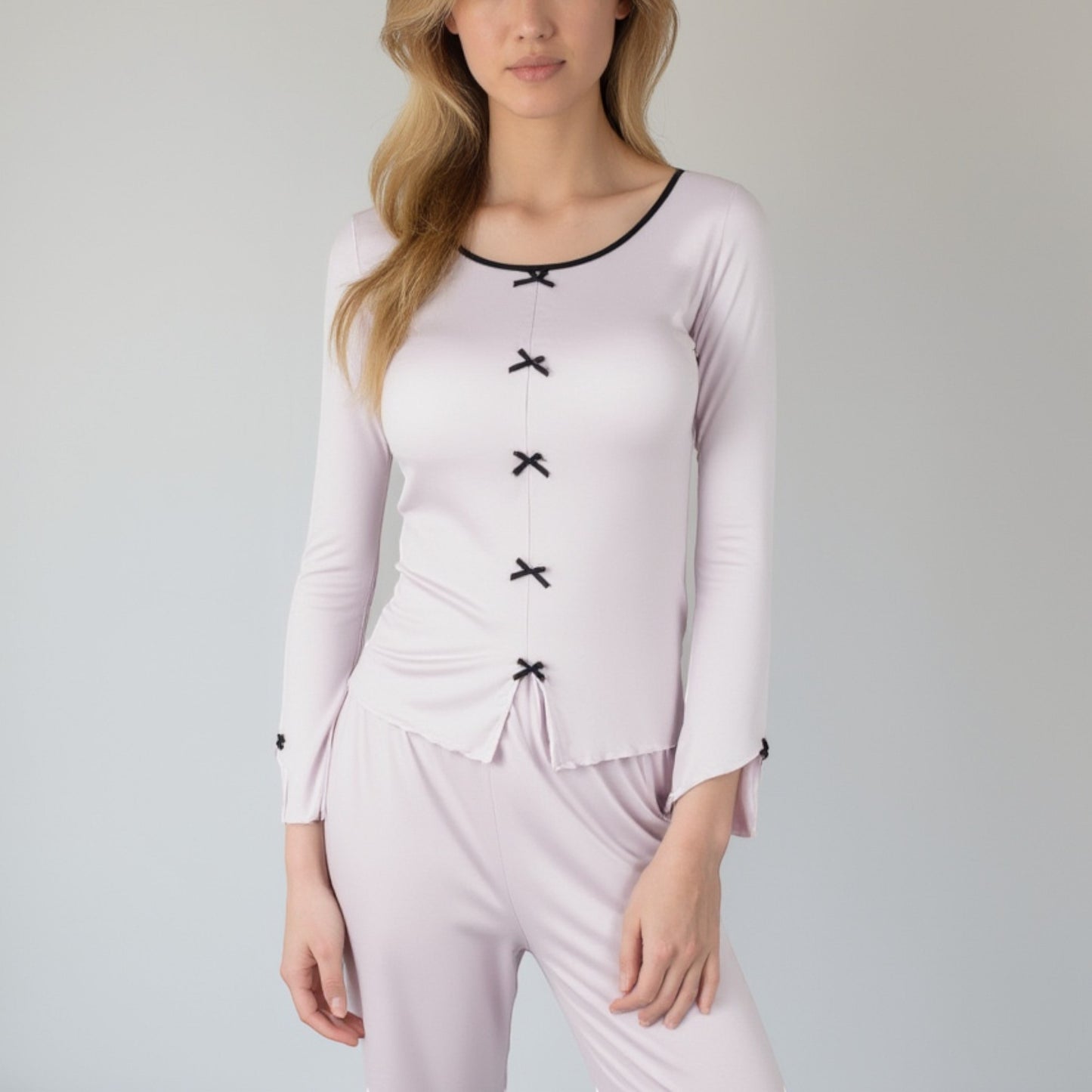 Lounge Women's Long Sleeve Pajama Set with Decorative Bows and Soft Wide Leg Pants