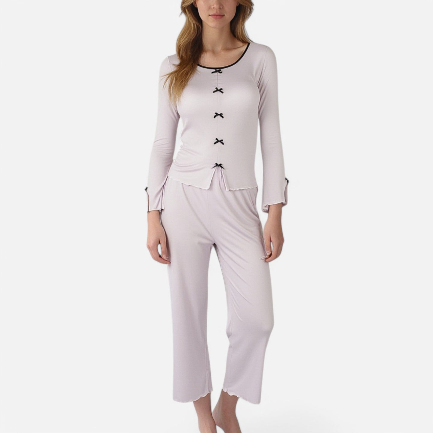 Lounge Women's Long Sleeve Pajama Set with Decorative Bows and Soft Wide Leg Pants