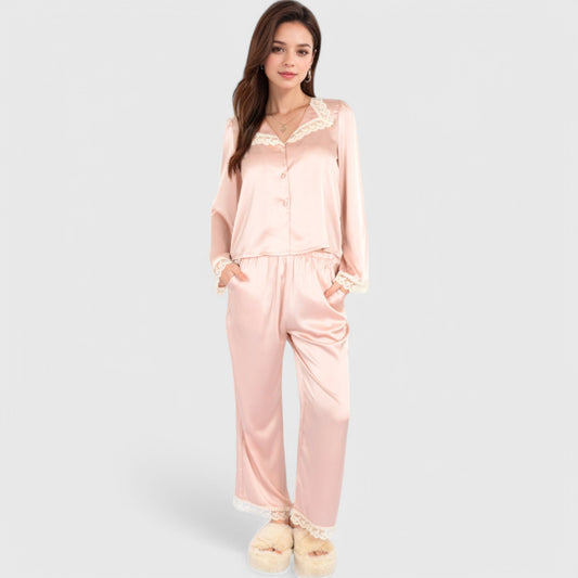 Lounge Women's Satin Pajama Set with Lace Trim and Button-Up Long Sleeve Top