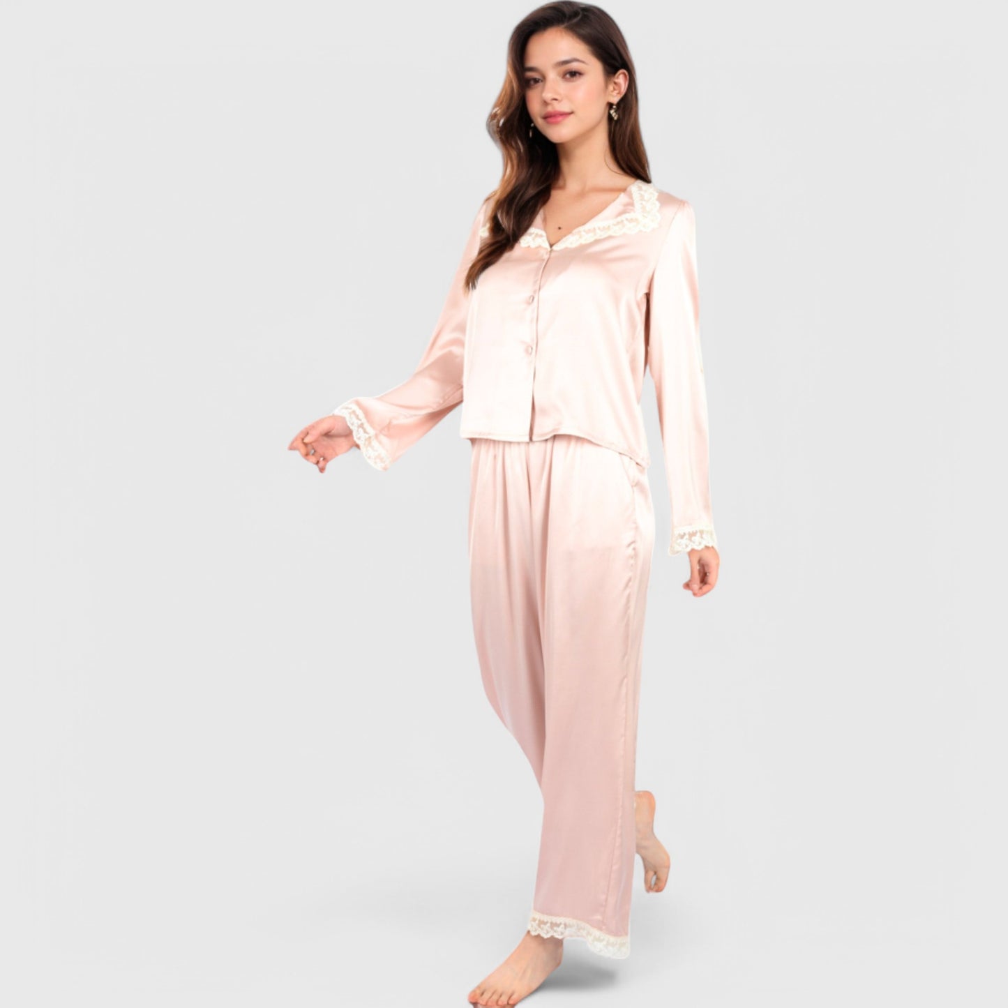 Lounge Women's Satin Pajama Set with Lace Trim and Button-Up Long Sleeve Top