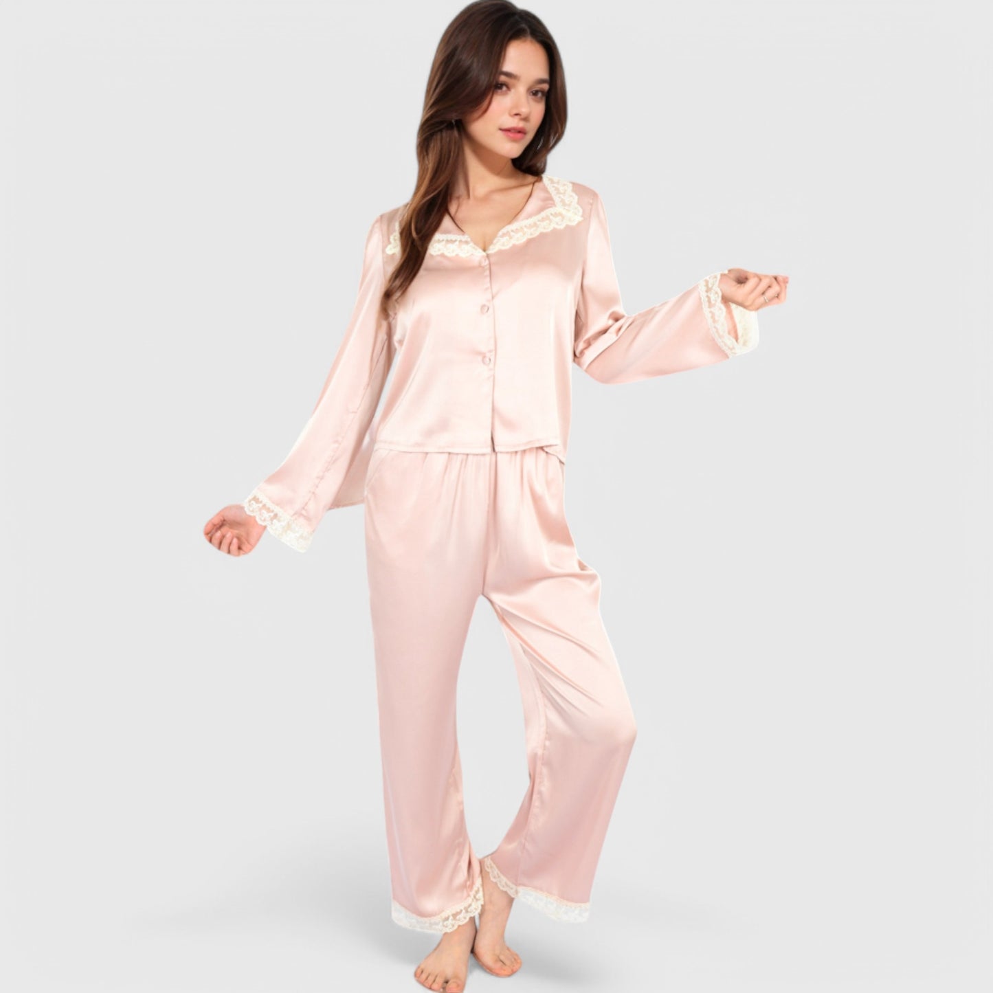 Lounge Women's Satin Pajama Set with Lace Trim and Button-Up Long Sleeve Top