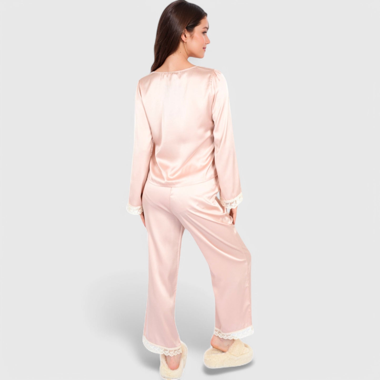 Lounge Women's Satin Pajama Set with Lace Trim and Button-Up Long Sleeve Top