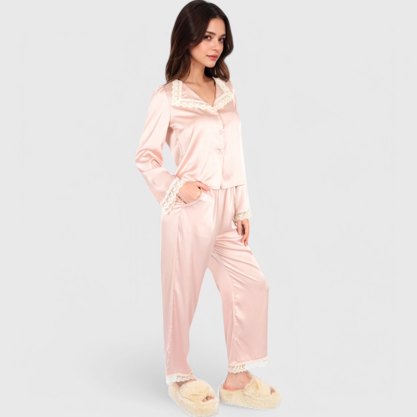 Lounge Women's Satin Pajama Set with Lace Trim and Button-Up Long Sleeve Top