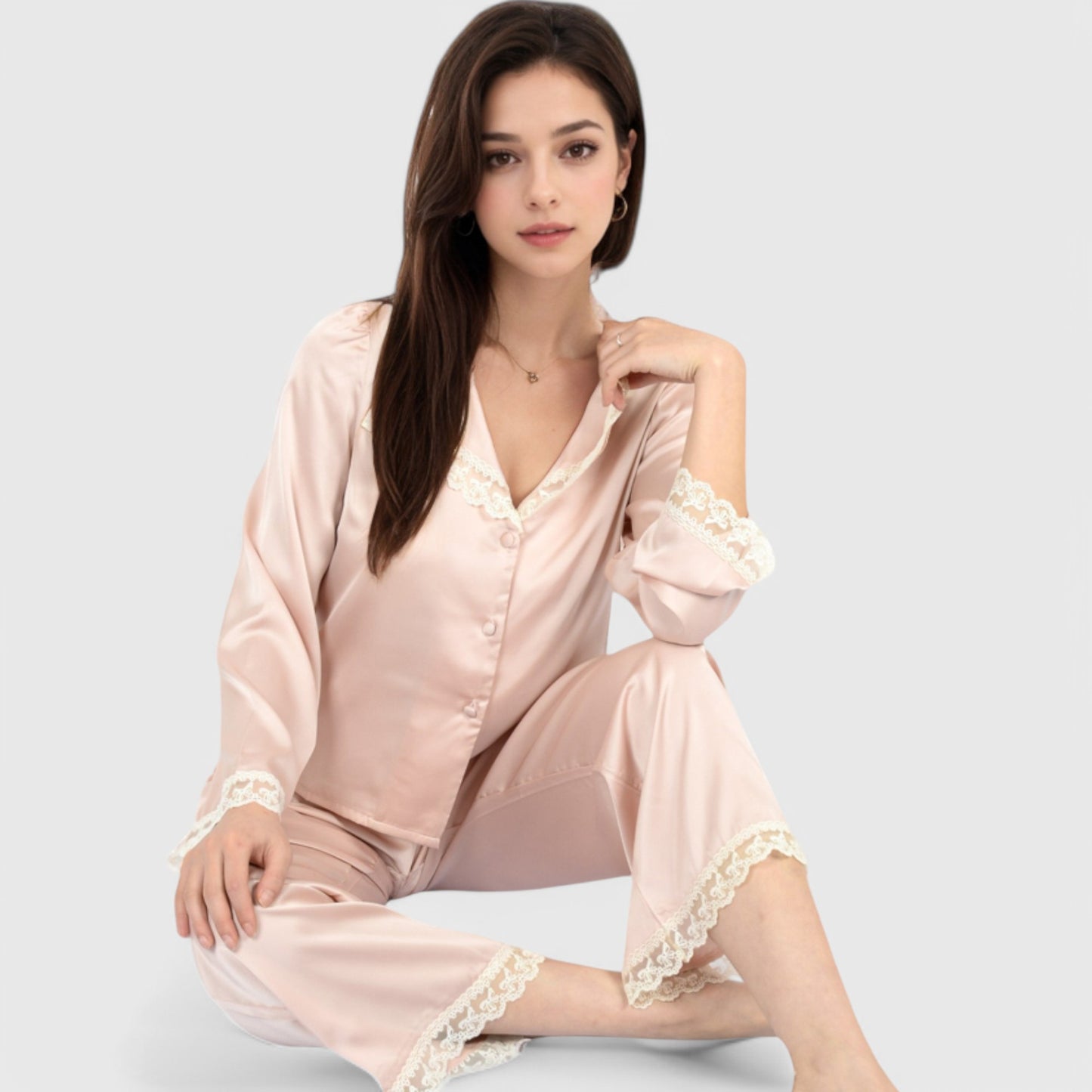 Lounge Women's Satin Pajama Set with Lace Trim and Button-Up Long Sleeve Top