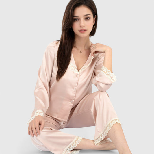 Lounge Women's Satin Pajama Set with Lace Trim and Button-Up Long Sleeve Top