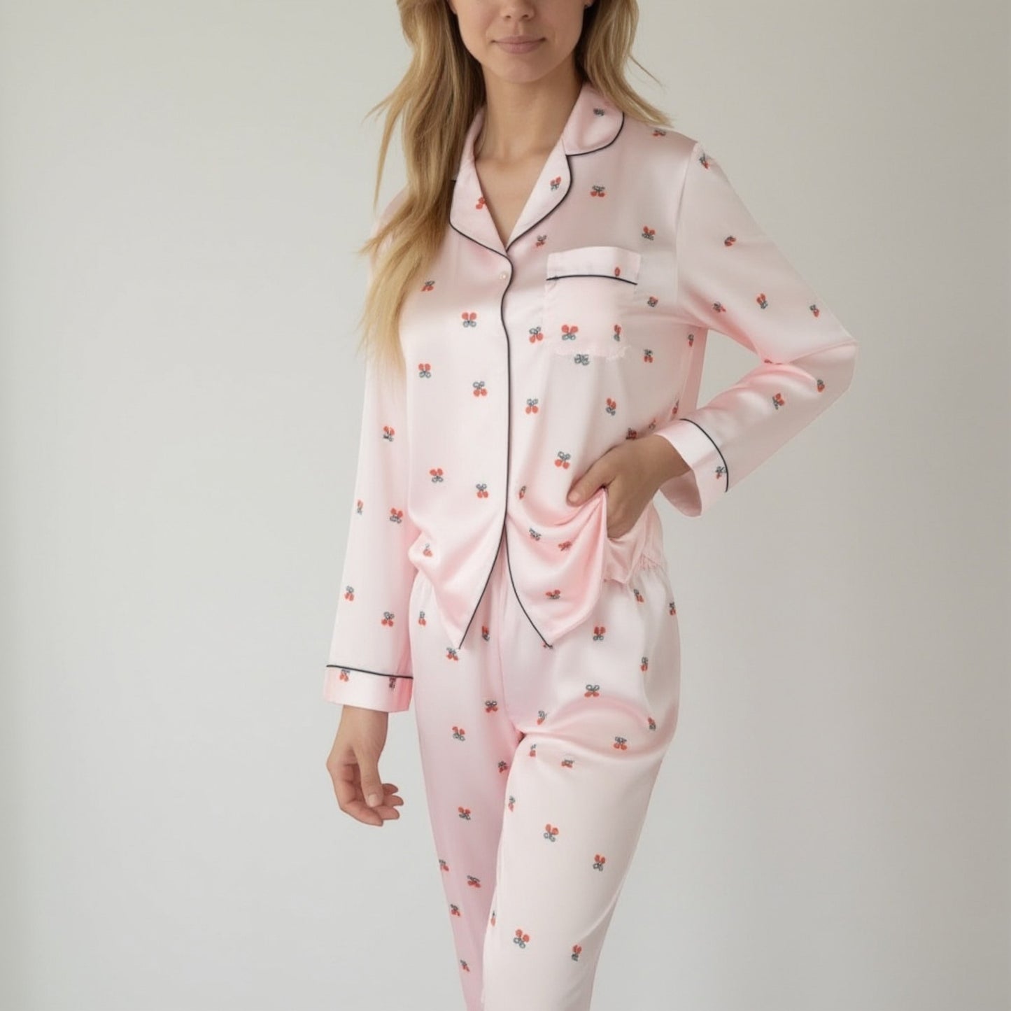 Lounge Women's Satin Long Sleeve Pajama Set with Mini Bow Print Button-Up Top and Chest Pocket